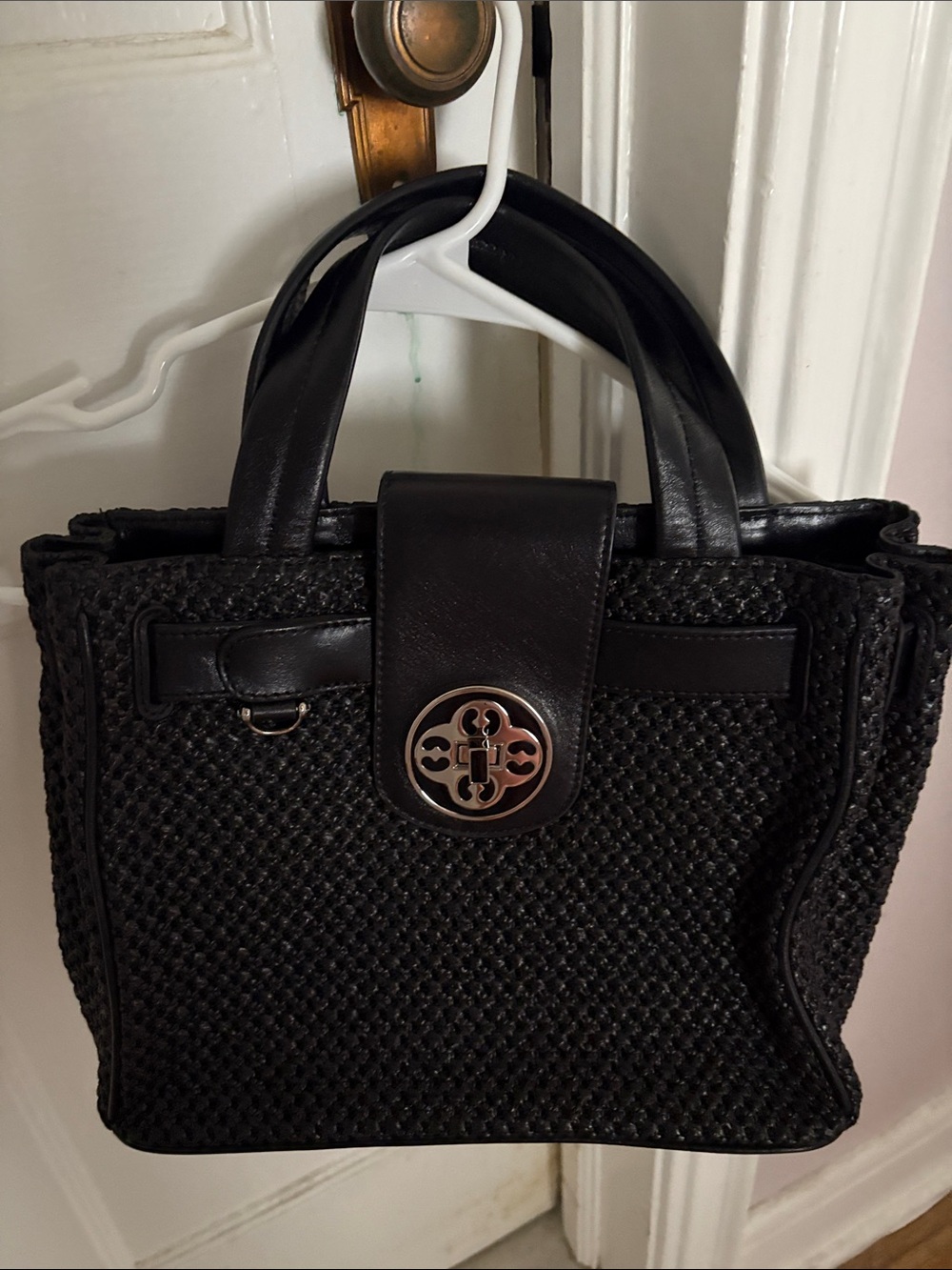 My Flat in London Black Woven Tote with Medallion Accent